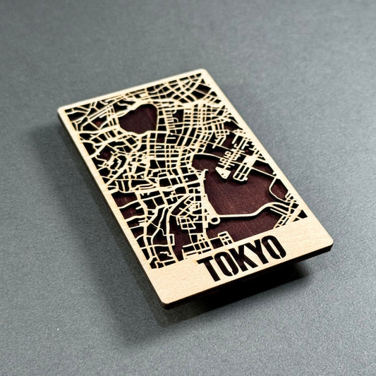 Handcrafted wooden mini map of Tokyo made in Japan