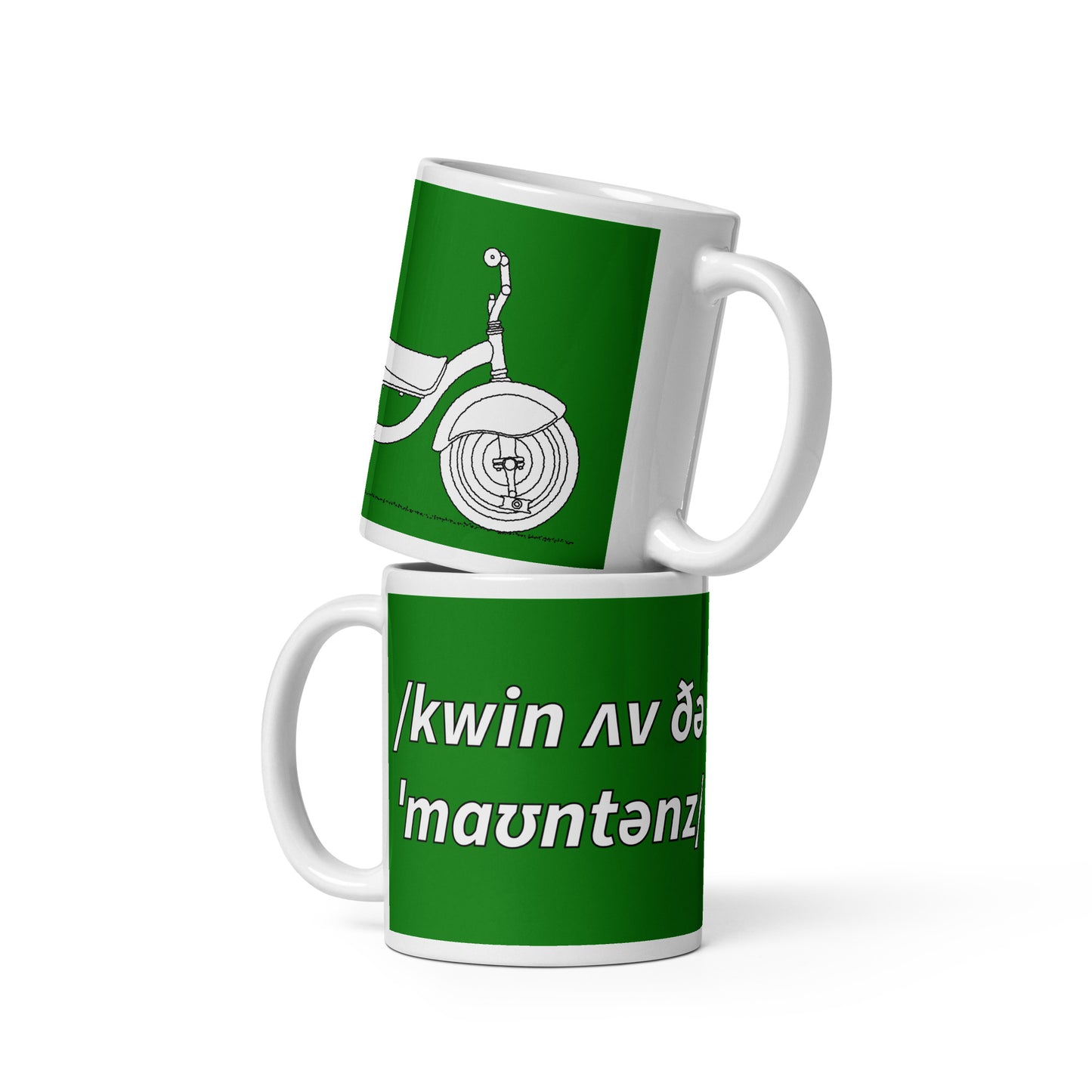 Queen Of The Mountains Mug, Cyclist Green, Phonetic Spelling