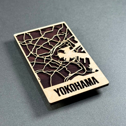 Handcrafted wooden mini map of Yokohama made in Japan
